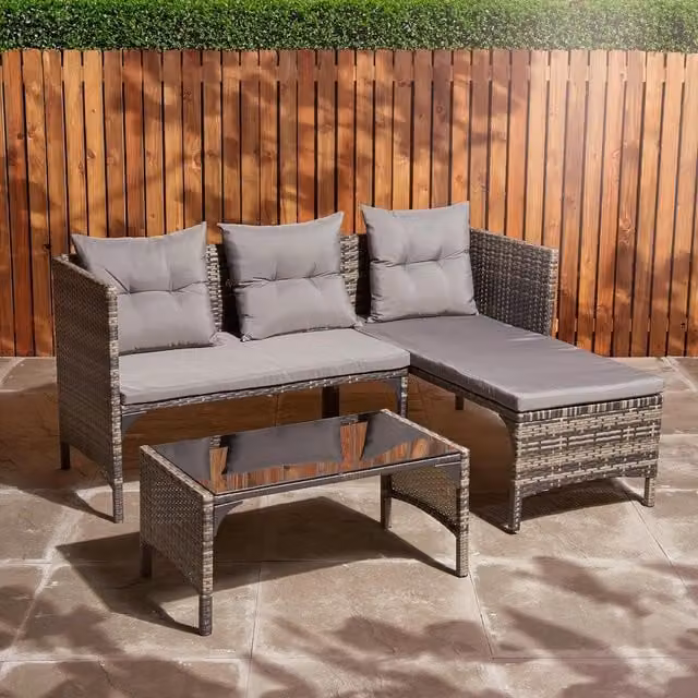 Home Treats 4 Seater Grey Rattan Corner Sofa Set with Metal and Glass Table