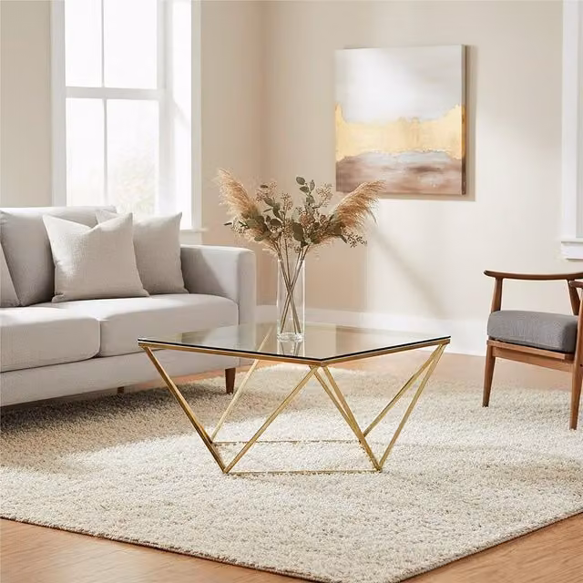 Orsina Geometric Gold Finish Twist End Table with Glass Top, W/D/H: 40 x 45 x 80 cm – 2