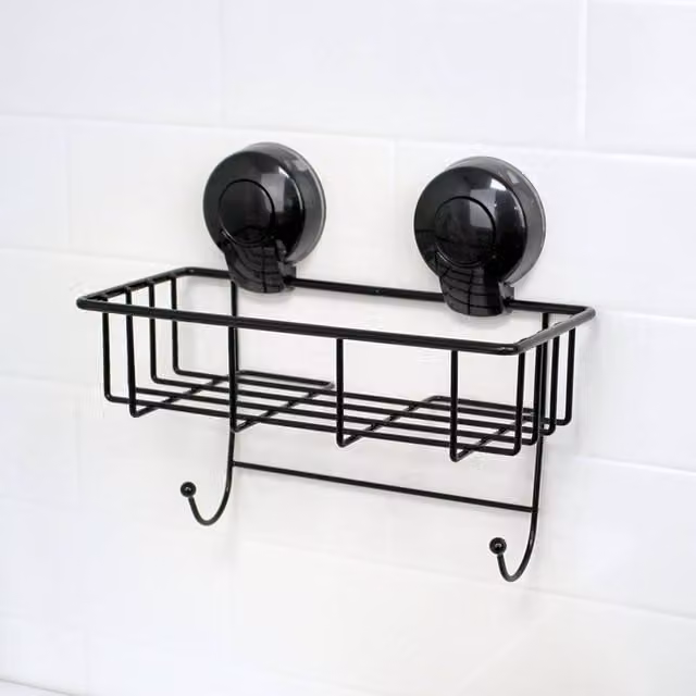Showerdrape Suctionloc Black Wall Mounted Sponge Basket and Mounting Discs