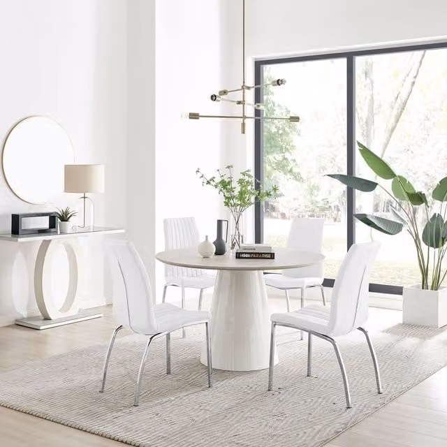 Furniturebox Palma Beige Stone Effect Round Dining Table and 4 Isco Chairs in White