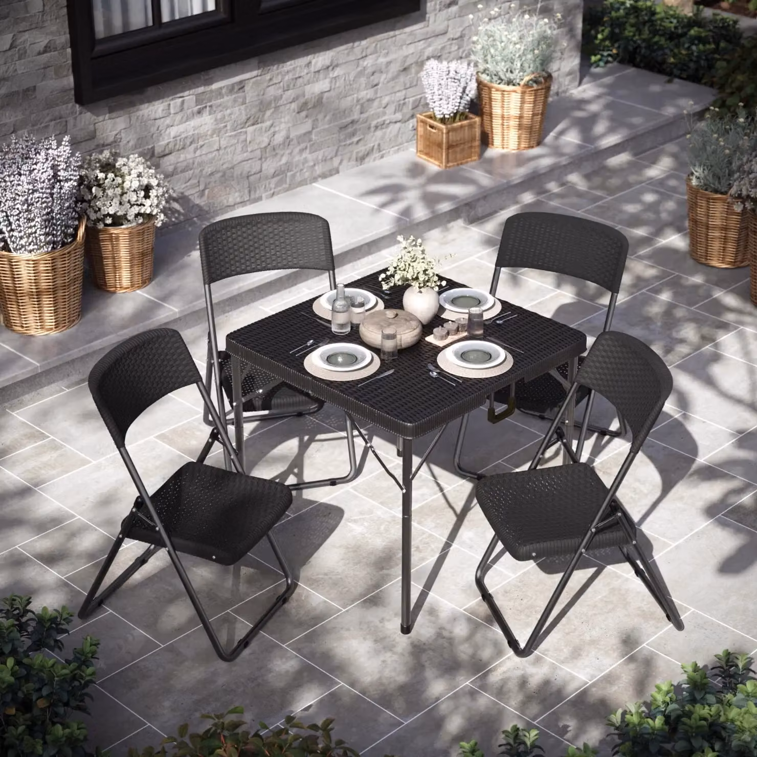 EONLION Black Rattan Design Square Folding Table with Carry Handle for Garden and Patio, W: 80 cm, D: 80 cm, H: 73 cm – 3