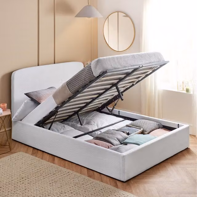 Home Treats White Bouclé Bed Frame with Lift Up Storage and Hybrid Mattress, Double 140 x 200 cm