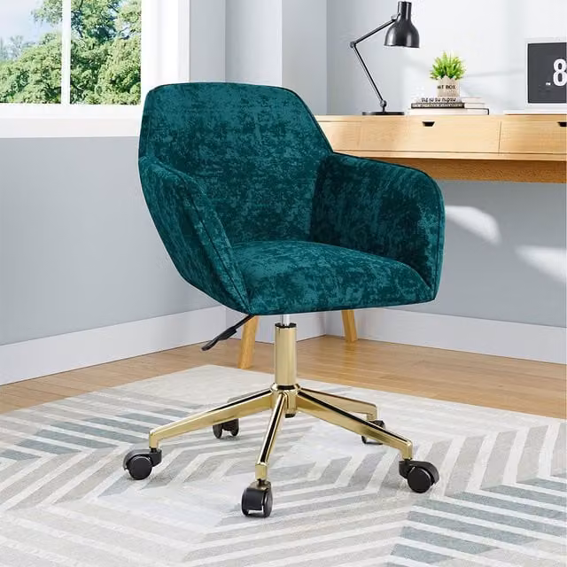 Komore Green Velvet Upholstered 360 Swivel Tub Task Chair with Gold Metal Armrests