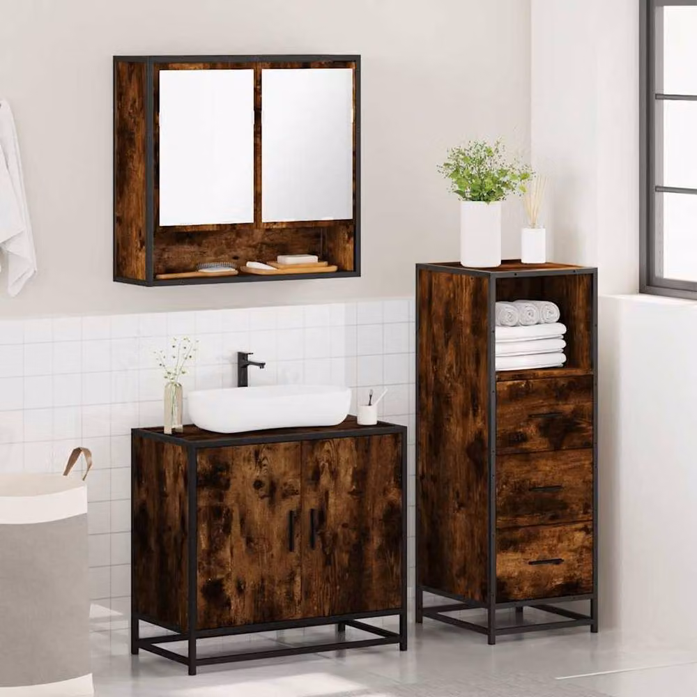 Berkfield Home 3 Piece Industrial Bathroom Furniture Set in Smoked Oak Brown, including Mirror Cabinet, Vanity Unit and Wall Cabinet – 3