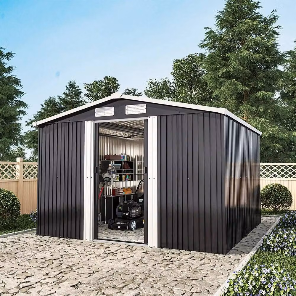 FORGEVIO Black Galvanised Steel Garden Storage Shed with Double Doors, W: 243.84 cm, D: 259.0 cm, H: 178.0 cm – 3