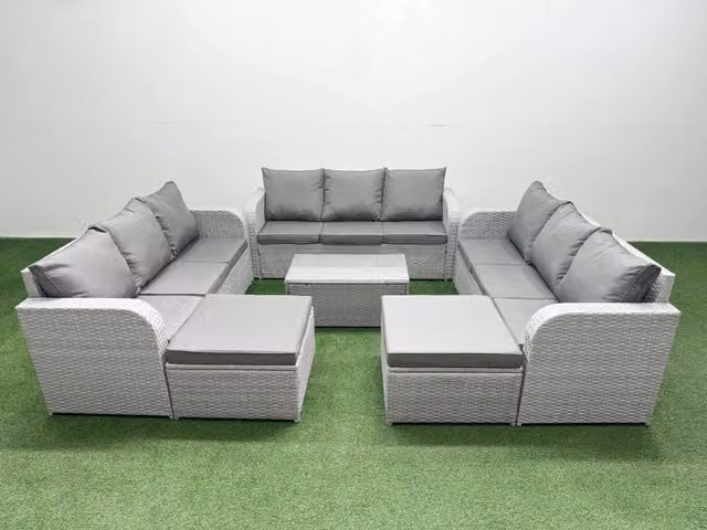 Fimous 11 Seater PE Rattan Outdoor Garden Furniture Set in Light Grey with Rectangular Coffee Table, 3 Seater Sofa and 2 Large Footstools