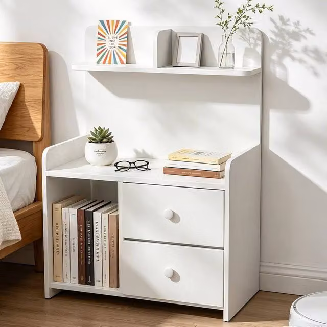 FLAVORA Modern White Bedside Table with Drawers