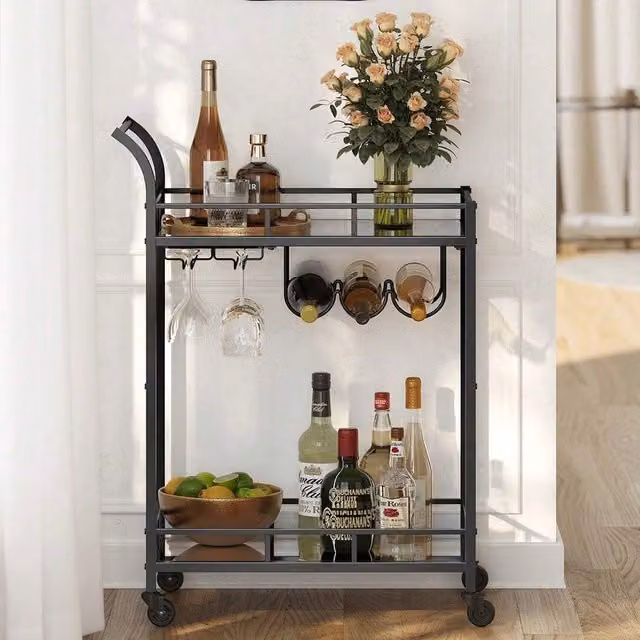 VASAGLE Modern Black Bar Cart Drinks Trolley with Mirrored Glass Shelves