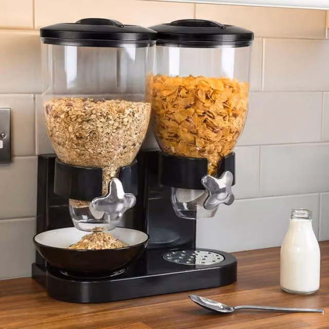 Livingandhome Dual Cereal Dispenser Airtight and Leakproof Dry Food Container, Black and Transparent Plastic