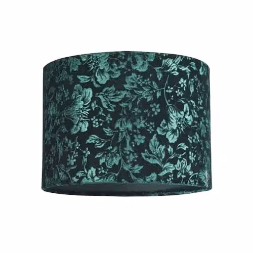 Happy Homewares Floral Decorated Forest and Emerald Green Velvet Fabric Cylinder Lampshade with Inner Cotton Lining, Diameter: 25 cm
