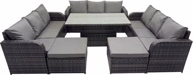 Fimous 11-Seater Rattan Garden Set with Adjustable Glass Top Table in Dark Grey