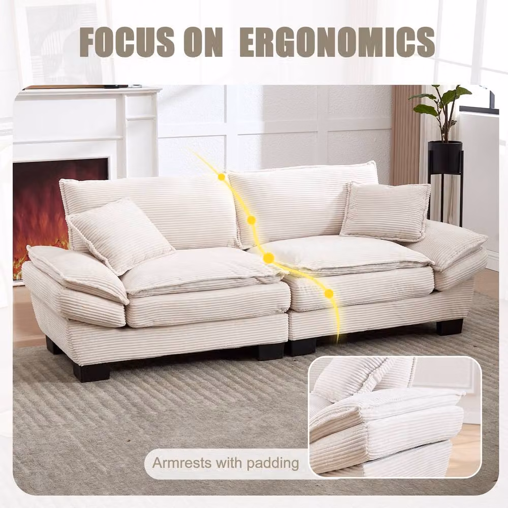 GOMYWAY Matteo Oversized Corduroy Loveseat - Modern 2 Seater Beige Sofa with Scatter Cushions – 2