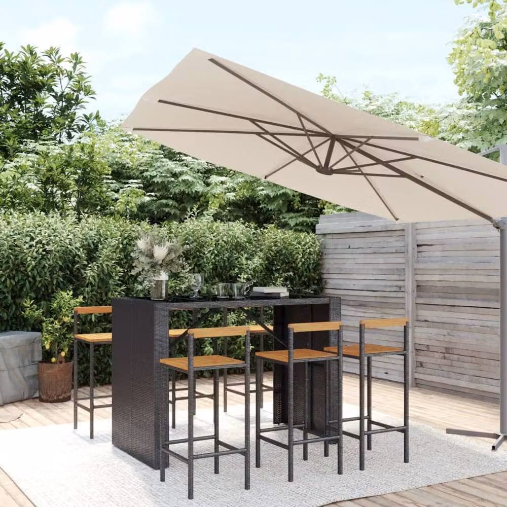 Berkfield Home 7 Piece Black Poly Rattan and Solid Acacia Wood Garden Bar Set – 2