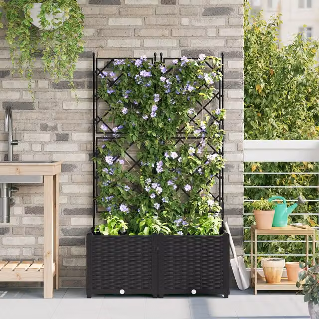 Berkfield Home Garden Planter with Trellis, 2 Piece Black Plastic Set, W: 80 cm, D: 40 cm, H: 143 cm