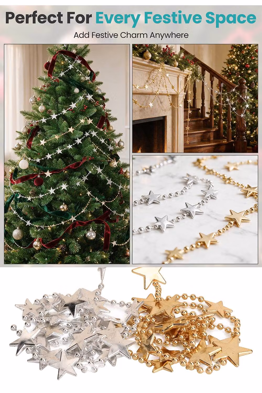 Neel Blue 2-Piece Christmas Bead Chain Garland with Gold and Silver Star Design – 5
