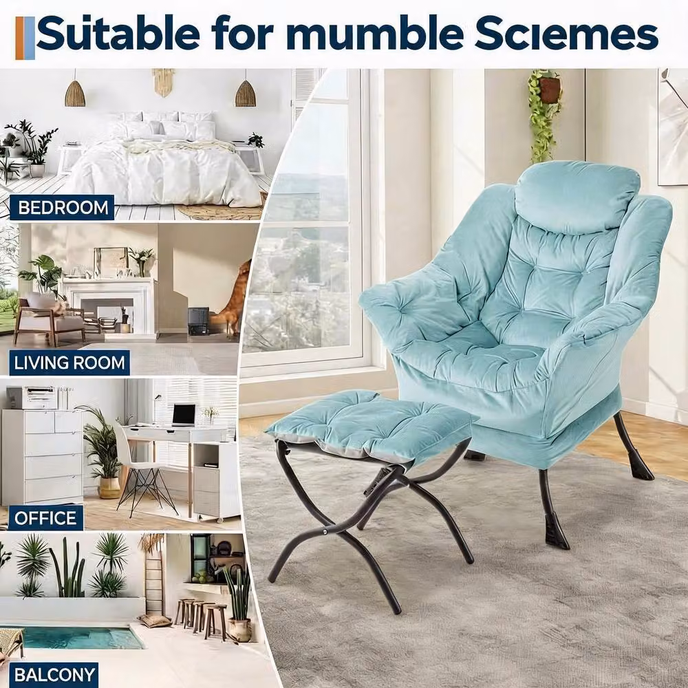London Boutique Lazy Chair with Matching Footstool Lounge Accent Armchair in Light Blue – 2