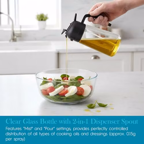 Argon Tableware 470ml 2-in-1 Glass Olive Oil Spray Bottle and Kitchen Dispenser in Transparent and Black – 2