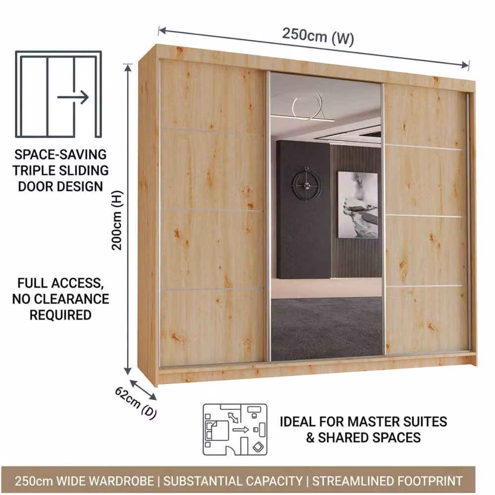 Sliding Wardrobes 4U Modern 3 Door Sliding Wardrobe in Natural, W: 250 cm, H: 217 cm – 3