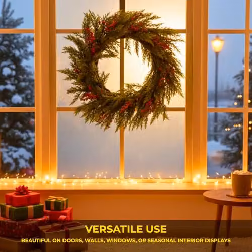 Shatchi Green and Red Christmas Wreath with Artificial Leaves and Berries, Diameter: 60 cm – 6