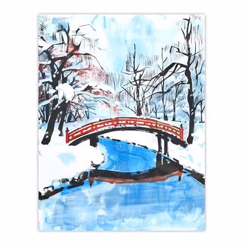 Artery8 Japanese River Bridge in Winter Forest Landscape Wall Art Poster Print, Multicolour, 18 x 24 Inch – 1