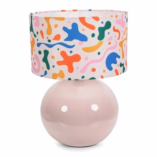 ValueLights Stone Natural Ceramic Table Lamp with Abstract Shape Drum Lampshade in Beige and Multicolour, Includes LED Bulb – 1