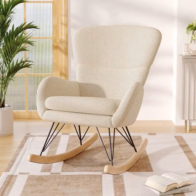 Livingandhome Scandinavian Style Bouclé and Sherpa Fleece Rocking Chair with Integrated Cushion and Armrests in Beige and White