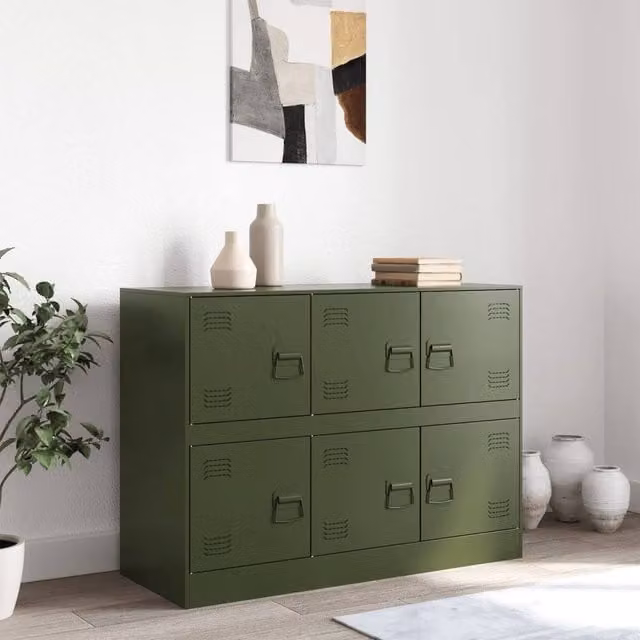 Berkfield Home Industrial Metal Sideboard in Matt Olive Green, W/D/H: 99 x 39 x 73 cm – 1
