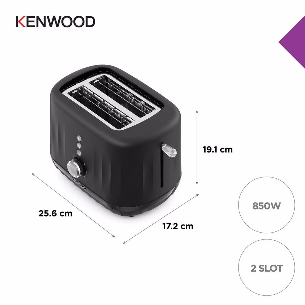 Kenwood Ripple 2-Slice Toaster in Midnight Black with 7 Browning Settings, Reheat, Defrost and Cancel Functions, 850W – 4