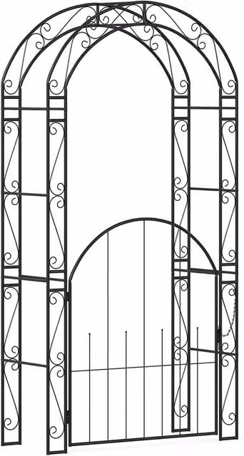 NESTLUNE Black Metal Garden Arch with Gate and Climbing Trellises, H: 214 cm, W: 100 cm, D: 15 cm – 1