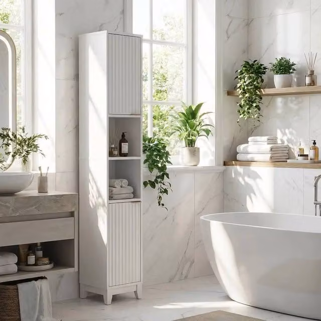 EONLION White Tall Narrow Bathroom and Hallway Storage Cabinet with Hinged Doors and Internal Shelves