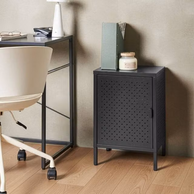 Wyld and Coco Industrial Black Matt Steel Office Cabinet with Hinged Doors and Internal Shelves