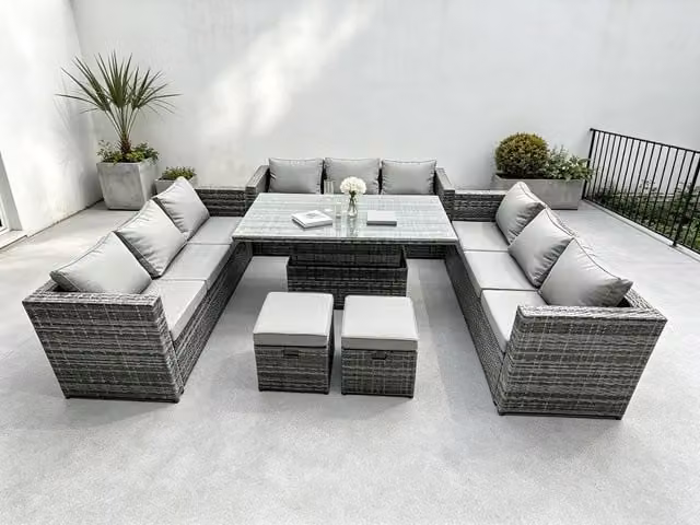 Fimous U-Shape Outdoor Rattan Garden Furniture Set in Dark Grey with Adjustable Lifting Table and Ottoman