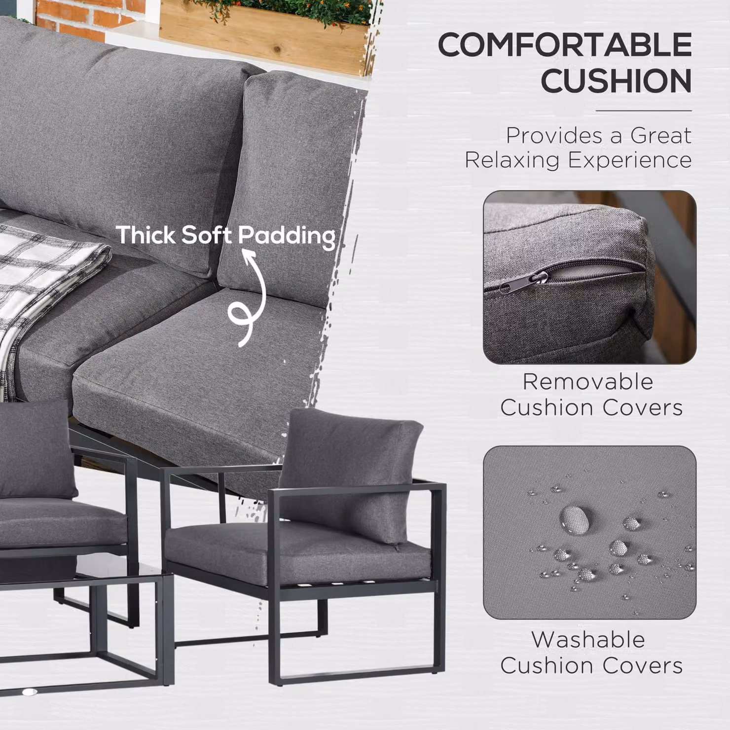 Outsunny 4 Piece Grey Garden Furniture Set with Upholstered Cushions and Powder Coated Aluminium Frame – 4