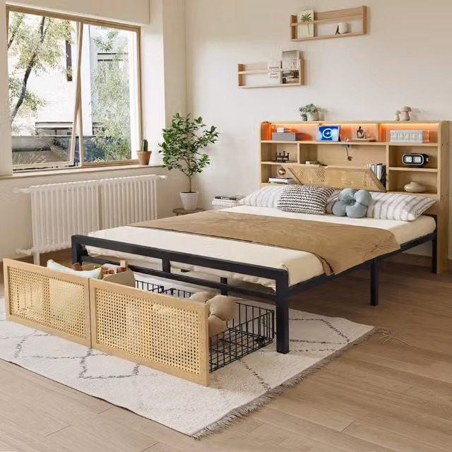 Aosom UK Wooden Double Storage Bed with LED Strip Light, USB Charging Port and Headboard Storage in Natural and Black, W/D/H: 137.5 x 208 x 104.5 cm