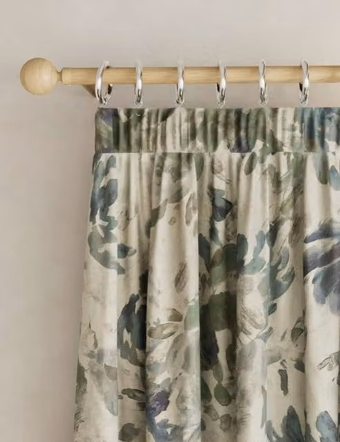M&S Blue Mix Floral Cotton Blend Pencil Pleat Fabric Panel Curtains