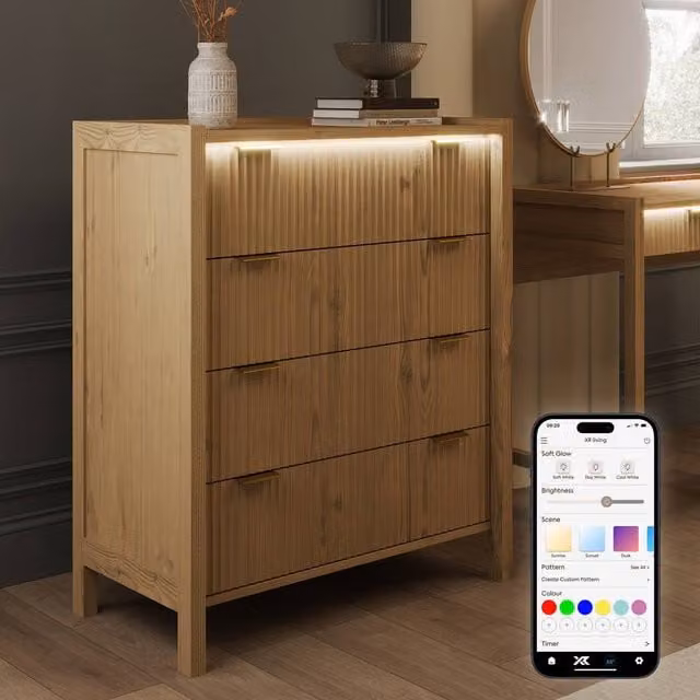 X Rocker XR Living Dakota Chest of Four Drawers with Integrated LED Lights in Wild Oak