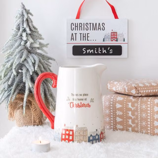 Gloriously Good Christmas Village Ceramic Flower Jug Vase in White and Red