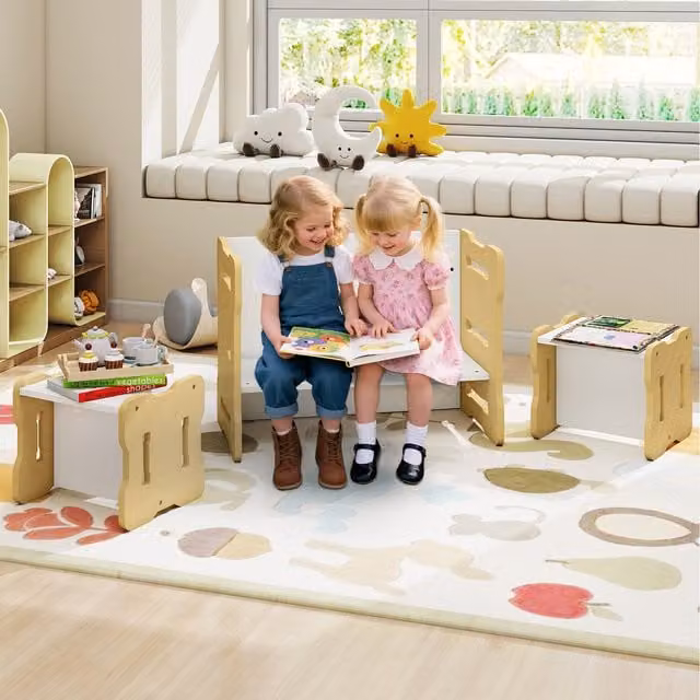 Costway Scandinavian Childrens Furniture Set with Rectangular Table and Chairs in Beige, Brown or White