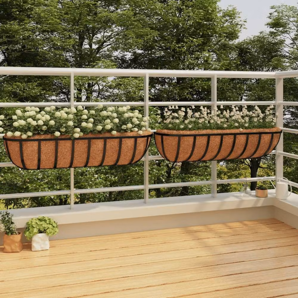 Berkfield Home Steel Wall Trough Planters with Coco Liners, Black, 2 Pack, W: 91 cm, D: 20 cm, H: 23 cm – 2