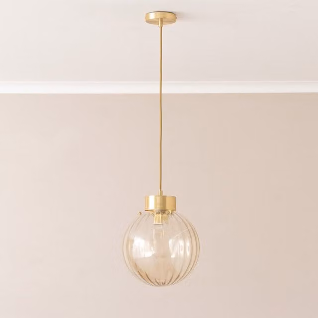 ValueLights Chessy Ribbed Glass Globe Capped Ceiling Pendant Light in Gold and Transparent Amber