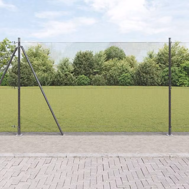 Berkfield Home Grey Steel Welded Wire Fence with 13 Flanged Posts, W: 2.5 m, H: 1.6 m