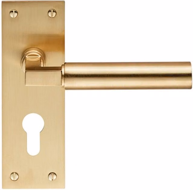 Loops Pair of Round Bar Handles with Slim Euro Lock Backplate in Satin Brass, W: 150 mm x H: 50 mm