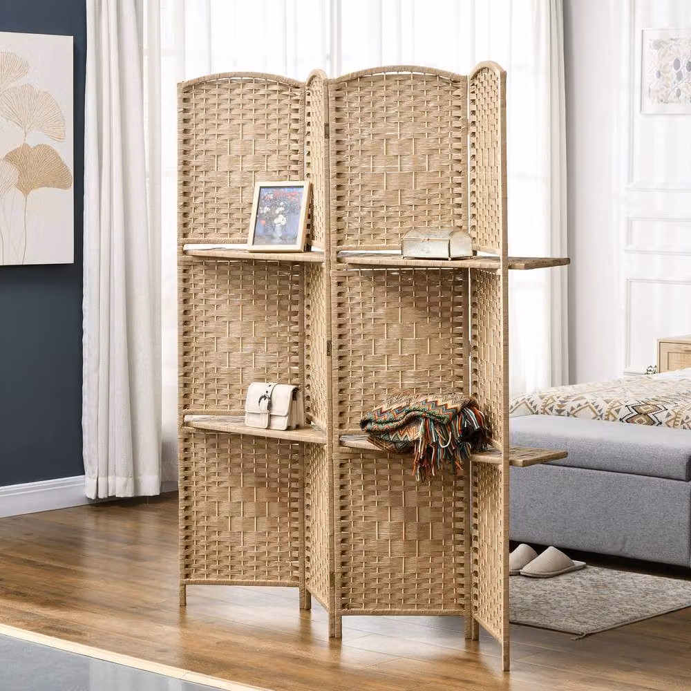 HOMCOM Freestanding Boho Privacy Screen in Beige with Rattan and Pine Wood, W: 160 cm, H: 170 cm – 2
