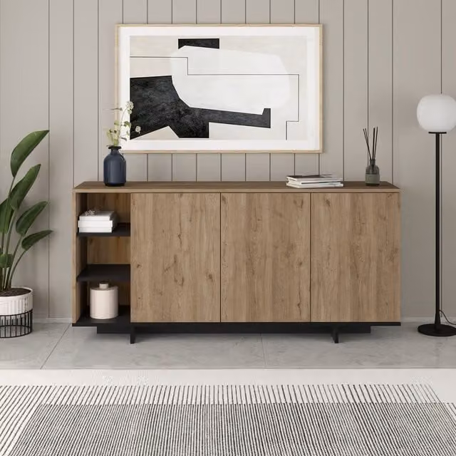 Decortie Modern 3 Door Sideboard Storage Cabinet Unit with Open Shelves in Matt Black, White and Brown
