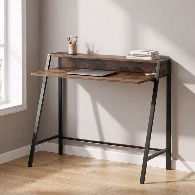 STILVORA Rustic Brown Writing Desk with Shelf, W: 100 cm, D: 45 cm, H: 85 cm – 1