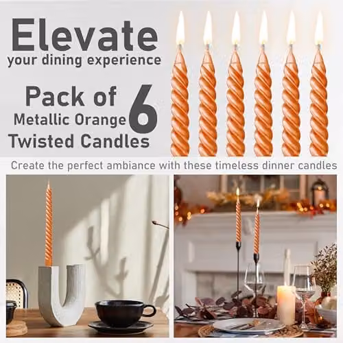 Deco Express Non-Drip Twisted Unscented Dinner Candles, Metallic Orange, Pack of 6 – 4