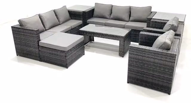 Fimous Rattan Garden Furniture Set in Dark Grey with U-Shape 3-Seater Sofa, Armchair, Coffee Table, Two Side Tables and Ottoman