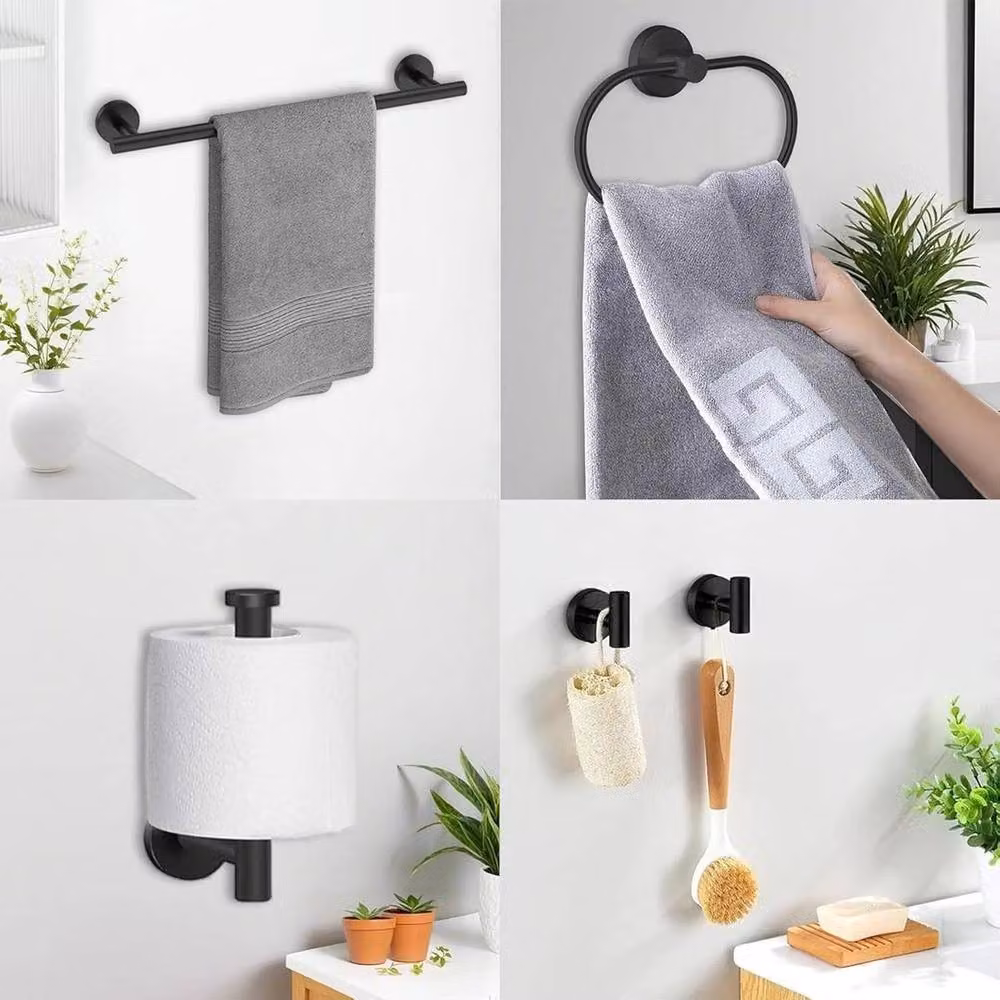 PAWNORA 7-Piece Wall-Mounted Metal Towel Rail and Toilet Roll Holder Set in Black – 4