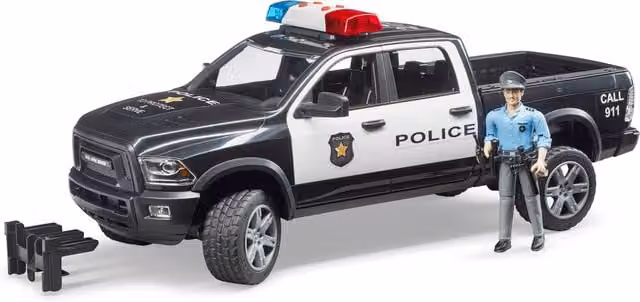 Bruder RAM 2500 Police Truck Playset with Policeman and Accessories, Blue and Black, 1:16 Scale