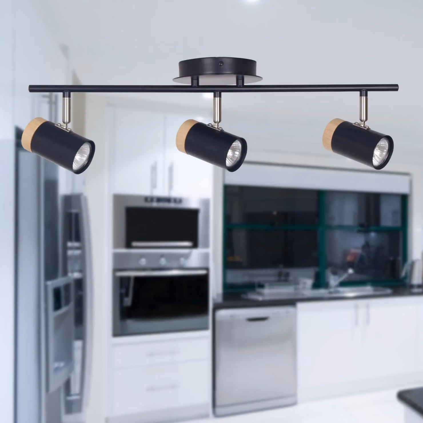 First Choice Lighting Stratton Three Way Spotlight in Black with Wood Detail, Adjustable and Dimmable – 4